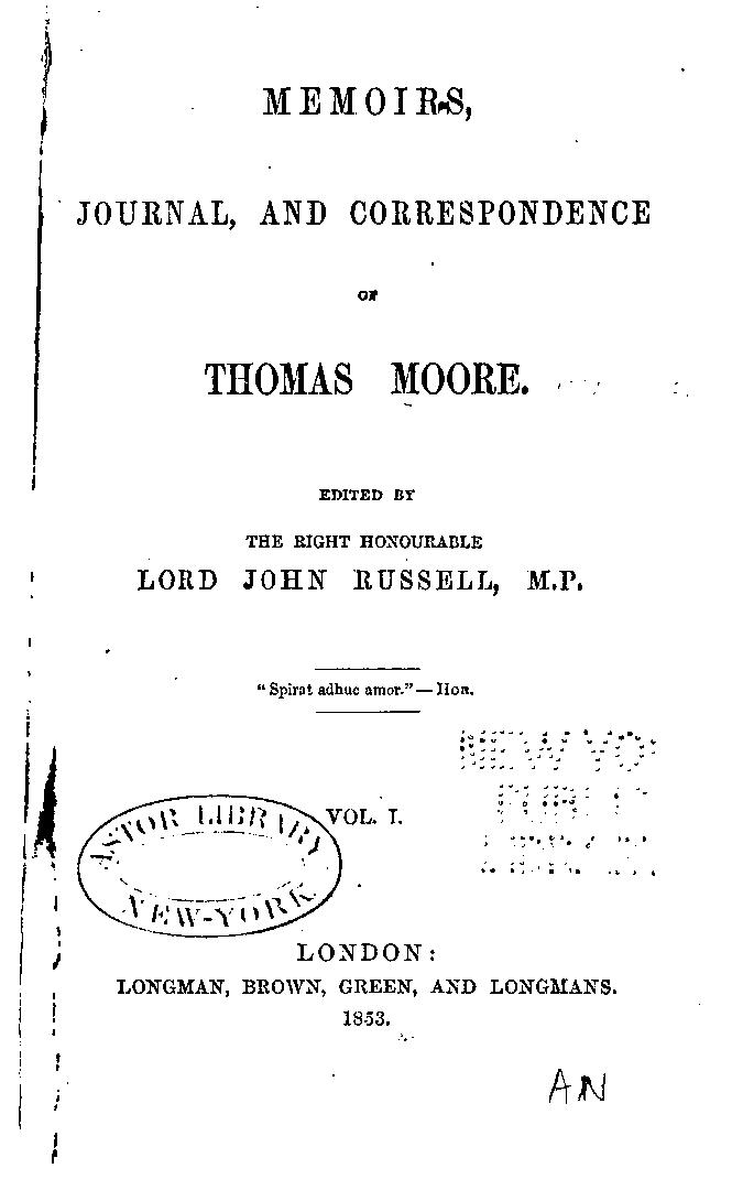 Title page of 'Memoirs, Journal, and Correspondence of Thomas Moore,' volume 1